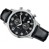 Hugo Boss Aeroliner Chronograph Black Dial Black Leather Strap Watch For Men - 1512448 Authentic Buy Shop Now