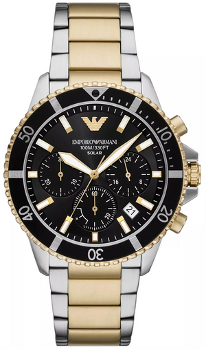 Emporio Armani World Explorer Solar Powered Chronograph Black Dial Two Tone Steel Strap Watch for Men - AR11680 Authentic Buy Shop Now
