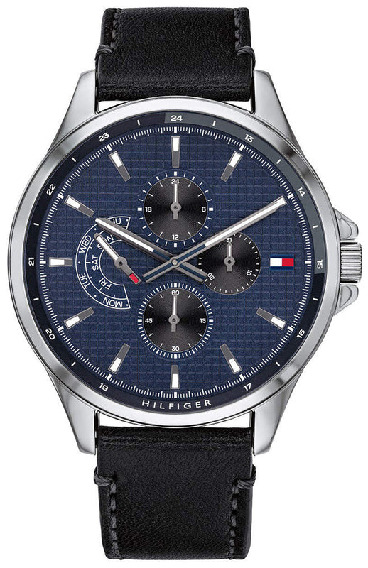 Tommy Hilfiger Shawn Multifunction Quartz Blue Dial Black Leather Strap Watch for Men - 1791616 Authentic Buy Shop Now