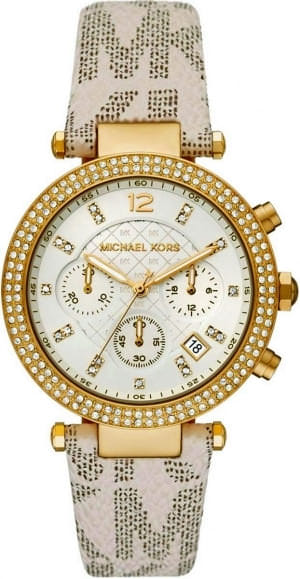Michael Kors Parker Chronograph White Dial White Leather Strap Watch For Women - MK6916 Authentic Buy Shop Now